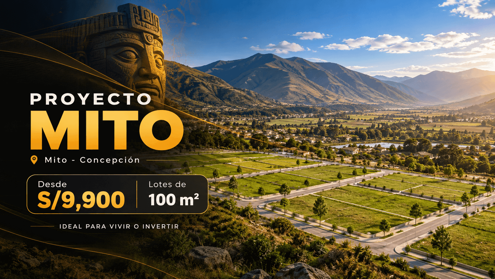 Proyecto Mito en Mito - Concepción: lotes de 100 m² desde S/9,900, con vista aérea de lotes en el Valle del Mantaro