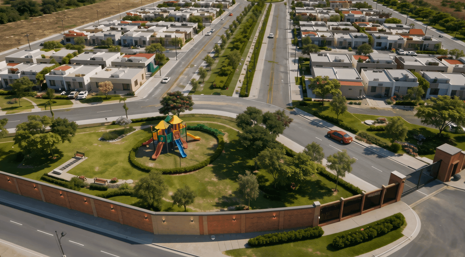 Vista aérea de Bosque Dorado con avenida amplia, áreas verdes y zona de juegos