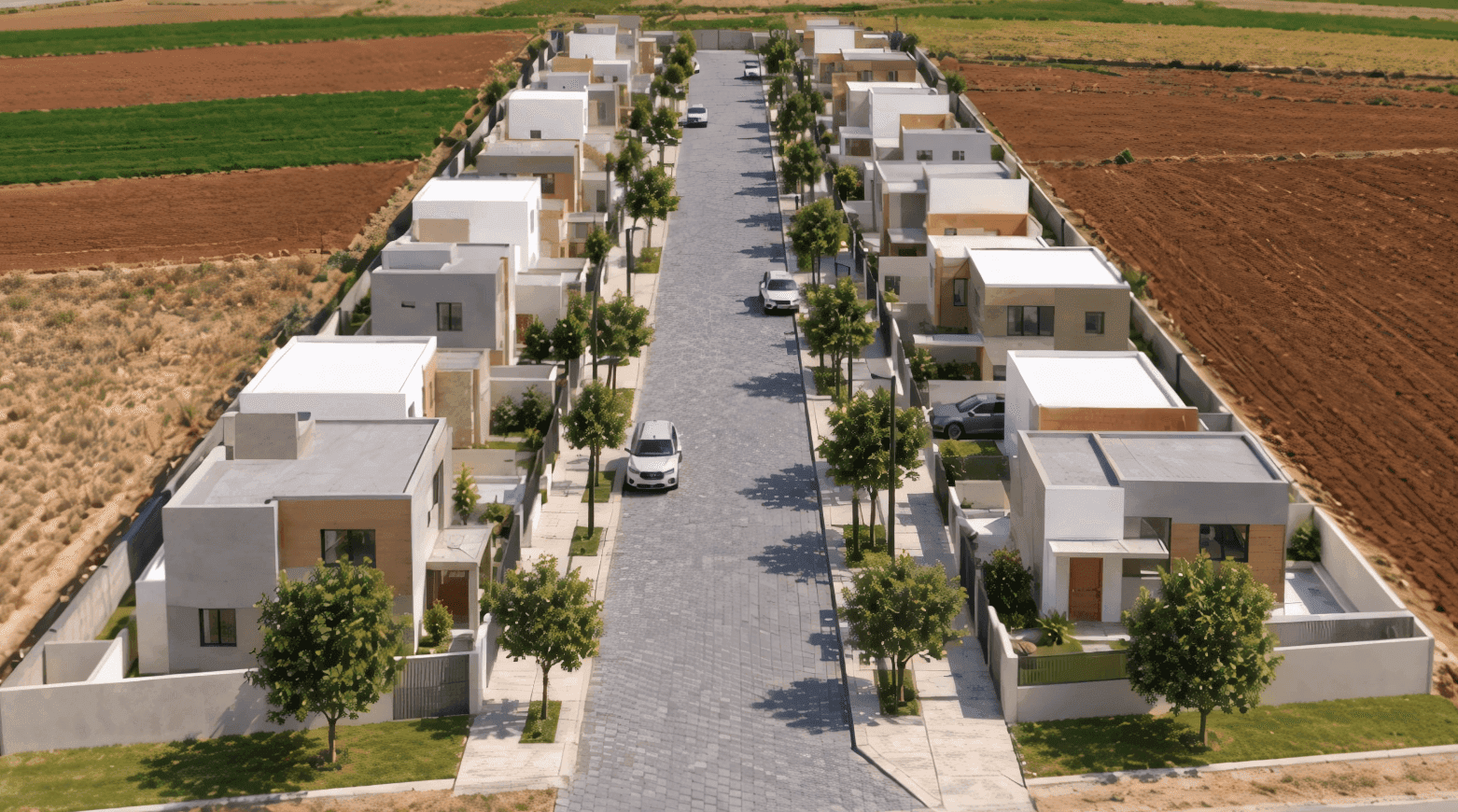 Vista aérea de Residencial El Cielo en Huachac, con calle central arborizada entre viviendas